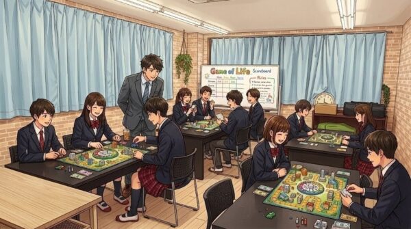 総合的な探究の時間で人生ゲームを使って講義の内容をアウトプットする様子