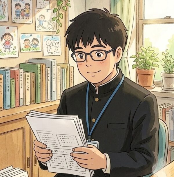 不登校の少年がサポート校の自由な登校スタイルに惹かれている様子のイラスト