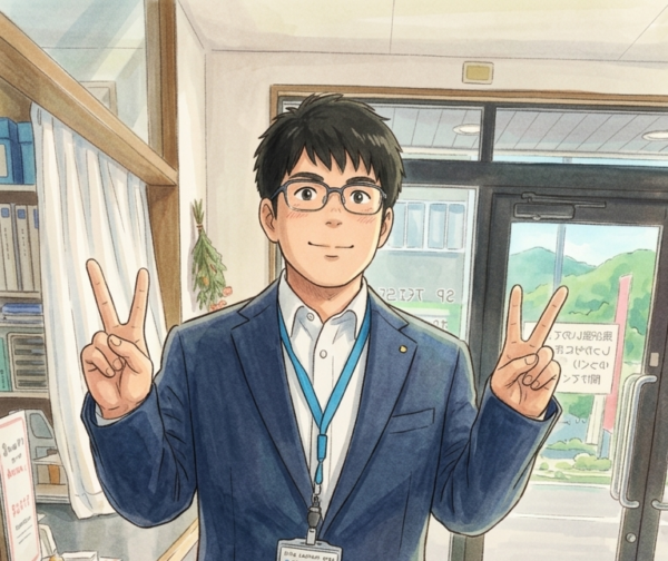 NEXT高等学院の卒業生が仕事御来校しピースをしている様子のイラスト