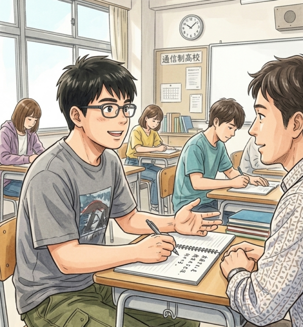 通信制高校に入学した少年が課題を克服するために説明を聞きメモを取る様子