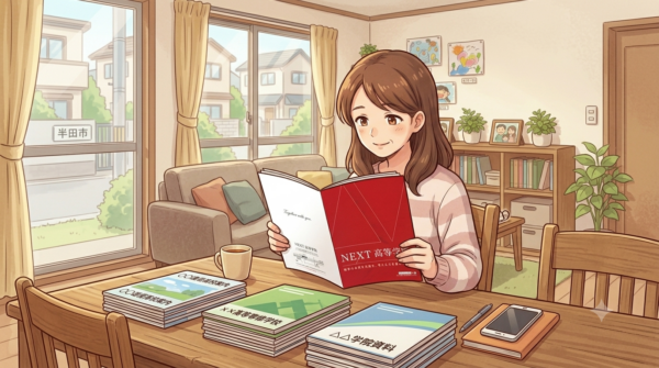 届いた通信制高校のパンフレットを読む母親